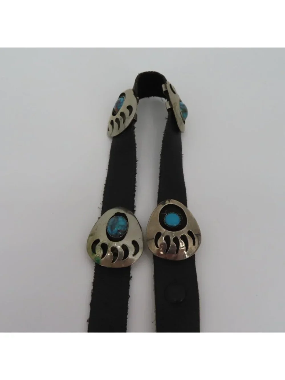 VTG Navajo Bear Paw Shadow Box Concho Belt 60in Long Silver Metal Black Leather